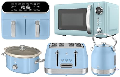 Swan Retro Revive Blue Kitchen Set – Traditional Stovetop Electric Kettle, 4 Slice Toaster, 800W Microwave, 8L Dual Basket Air Fryer & 3.5L Slow Cooker, Retro Design Set with Chrome Accents