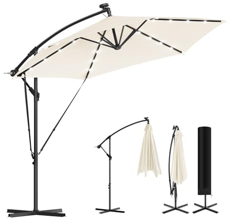 WOLTU Ombrellone da Giardino con Luci LED Solari 3 m, Rotazione a 360°, Inclinazione Regolabile, Ombrellone Decentrato Protezione Solare con Copertura e Corde, per Terrazza, Piscina, Beige