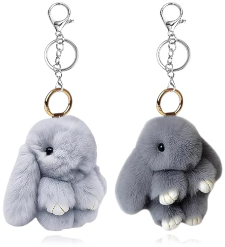 2PCS Adorable Porte-clés Lapin en Pluh,Clés En Fausse Fourrure Porte Clés Mignon En Peluche Lapin Porte,Décoration de Pompon en Peluche