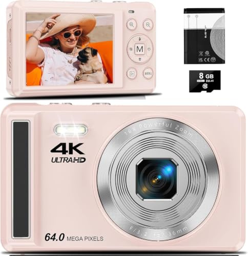 4K Digitalkamera, 64MP 2.8“ UHD Kompaktkameras - Autofokus Wiederaufladbare Vlogging Kamera mit Micro-SD-Karte & Akku, Tragbare Reisekameras mit 16X Digitalzoom für Anfänger Jugendliche