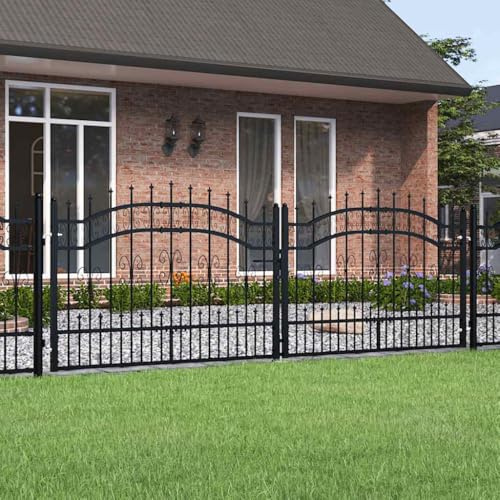 Gartentor Kampen Schwarz mit Speerspitze, 302 x 150 cm, Pulverbeschichteter Stahl, Gartentür für draußen, robuster Garten Zaun, Maschendrahtzaun Ersatz, langlebiges Mattenzaun Tor
