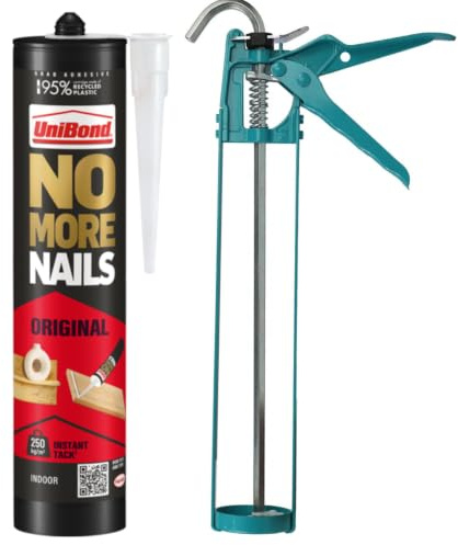 UniBond No More Nails 280ml Grab Adhesive with Caulking Gun | Heavy duty instant grab bonding kit, no screws or nails needed, for wood, metal, brick, plaster, skirting & coving