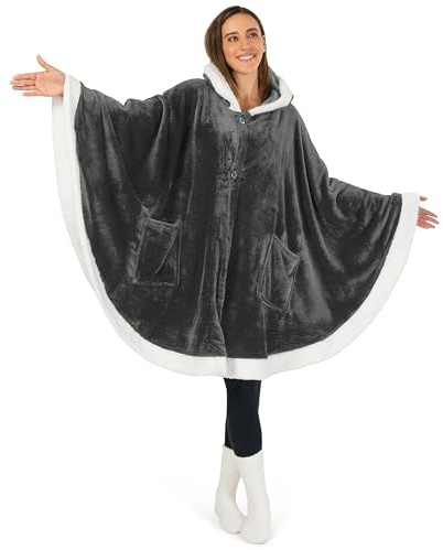 PAVILIA Hooded Blanket Poncho, Women Fleece Shawl Wrap with Hood, Wearable Blanket Cozy Warm Poncho Cape Throw with Pockets, Gift for Elderly Mom, Dark Gray