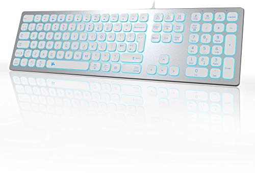 B.FRIENDIT Aluminum Slim Backlit Keyboard Wired - UK Layout Compatible with Apple iMac, Macbook, Mac and PC, USB Keyboard Numeric Keypad RGB Backlit Key - Silver White