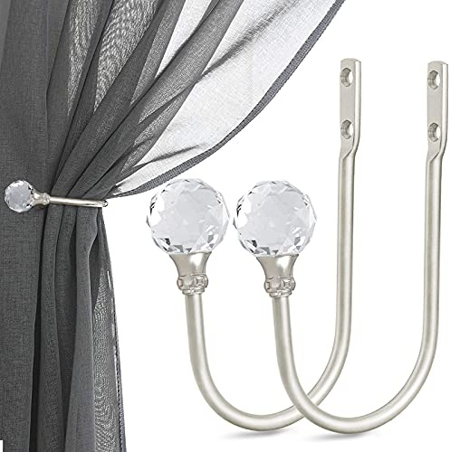 Crystal Curtain Holdbacks, Curtain Tieback Hooks Silver Curtain Holder for Drapes Wall Mounted Curtain Pullbacks Window Curtains Treatment Holdbacks Set of 2, Brushed Nickel