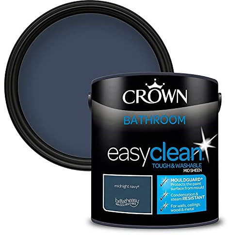 2.5L CROWN Easyclean Bathroom MID-SHEEN Emulsion Multi Surface Paint With MOULDGUARD+ That can be Used on Walls, Ceilings, Wood and Metal. Stain & Scrub Resistant Formula – Midnight Navy