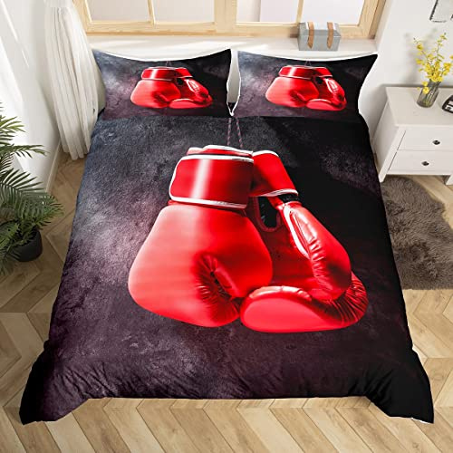 Adults Boxing Duvet Cover Set Red Boxing Gloves Printed Bedding Set 3pcs for Kids Boys Teens Sports Theme Comforter Cover Soft Polyester Quilt Cover with 2 Pillow Cases(No Comforter) Double Size