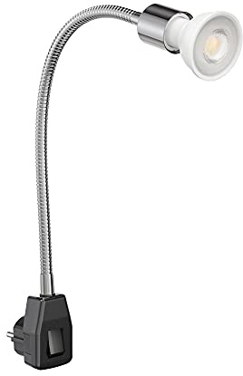 ledscom.de Steckdosenlampe LESCH Leselampe Schwanenhals, Schalter, chrom/schwarz + LED Reflektorlampe 535lm 30° weiß