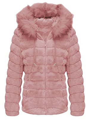 BELLIVERA Damen doppelseitige Kunstpelzjacke mit Pelzkragen, der beidseitig getragene Puffermantel 19225 Rosa XL