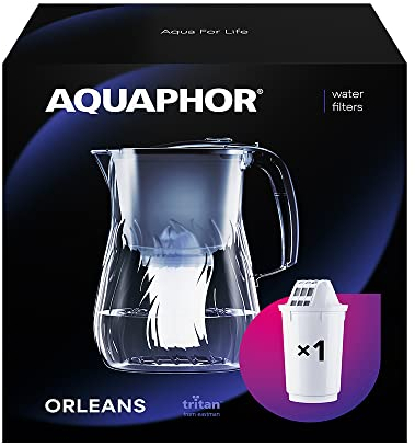 AQUAPHOR Orleans Water Filter Jug 4.2L, for reduction of limescale, Chlorine and other impurities, 1x A5 350 litre Added Magnesium Cartridge - Premium Water Filter jug in Glass effect. Black