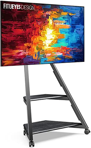 FITUEYES Design Corner TV Stand for 32 43 50 55 65 Inch TVs, Small Spaces Floor TV Stand Rolling TV Cart for LCD/LED Flat Curved Screens, Modern Living Room Television Stands, Eiffel Series, Black