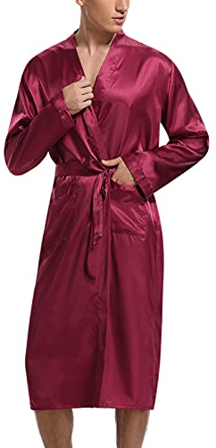 Irdcomps Men's Kimono Dressing Gown Silk Robes Satin Long Bathrobe Lightweight Nightgown Classic Nightwear Long Sleeve Sleepwear with Pockets Loungewear Red XXL