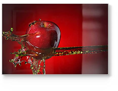 DEQORI Schneidebrett aus Glas | groß 30x20 cm | Motiv Flüssigkeit trifft Apfel | Design Schneideplatte für Küche | Frühstücksbrett antibakteriell & rutschfest | Glasplatte & Servierplatte