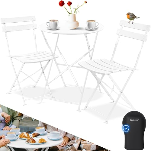 KESSER® Bistroset 3-teilig | Bistrotisch 2 klappbare Stühle Balkonset Balkonmöbel Klapp-Möbel Gartenset Sitzgarnitur Gartengarnitur Gartenmöbel Sitzgruppe Metall | Gartentisch mit Abdeckung Weiß