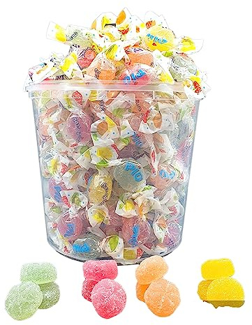 Chuches Blandas de FRUTA con Sabor NATURAL a Fresa, Naranja, Pera y Limon. 120 Unid. Con Zumo y Pulpa de Fruta. Chuches Envueltas. 1 Kilo. Caramelos de Goma.