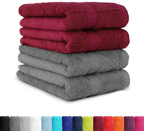 BaSaTex Frottee Handtuch, 4er Pack, 50x100 cm, Anthrazit Bordeaux | 100% Baumwolle, Öko-Tex Made in Green, Aufhängeschlaufe, 500gm², langlebig & saugstark