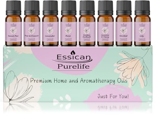 Essican Purelife Floral Scented Fragrance Oil Set 8 x 10ml Fragrance Oils for Candle Making, Soap, Wax Melts, Humidifier Perfume Fragrance Set, Floral Scented Fragrance Oil Aromatherapy Oils Gifts Set
