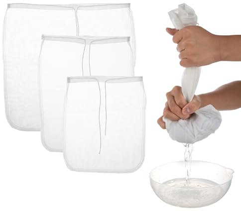 COMNICO 3 Pack Nut Milk Bag Reusable Nylon Cheesecloth Fine Mesh Cheese Bags Food Strainer for Almond Soy Yogurt Cold Brew Coffee Tea Beer Celery Juice Fine Nylon Mesh, 3 Sizes