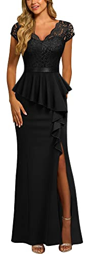 MISSMAY Women's Elegant V-Neck Lace Peplumed Ruffle Split Bridesmaids Party Gown Formal Maxi Dress (Meidum, Black)