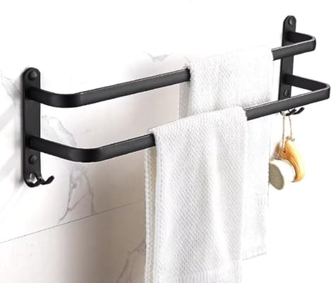 nvdsivee Handtuchhalter Wand Aluminium Badetuchhalter Moderner Einfacher Handtuchstange Handtuchständer mit 2 Haken Handtuchablage für Badezimmer Küche WC Hotel Mattschwarz 2 Schichten 60cm