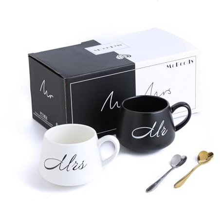 McBecdy Mr e Mrs Tazze da caffe in ceramica- 400 ml Tazza per coppia da con cucchiaio, regalo per matrimonio, fidanzamento, San Valentino, anniversario, Natale, sposa e sposo