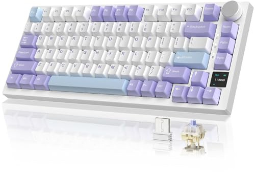 YINDIAO AK820PRO Mechanische Tastatur mit TFT Smart Display und Knopf, 2,4G Kabellos/BT5.1/USB-C Verkabelt,75% ANSI-Layout,Dichtungsmontage,Hot-Swap,Linearer Switch,RGB-Licht,für PC,MAC(Lila)