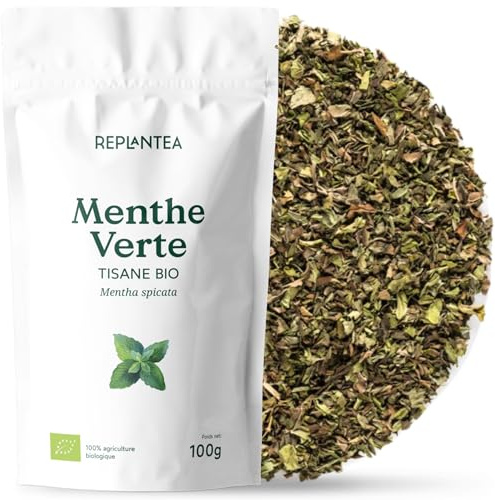 MENTHE VERTE THE BIO 100g (50 Tasses) | Mentha Spicata Spearmint Tisane Infusion | Menthe Marocaine REPLANTEA