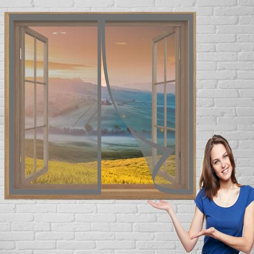 Fenetre Magnetique Rideau Moustiquaire 95 x 105 cm Moustiquaire sur Mesure Sans Outil Installation Facile Porte Anti Insecte pour Les Types de Fenêtres, Gris