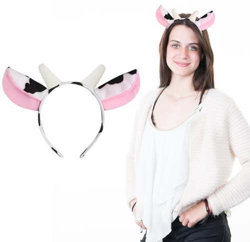 Niedliches Stirnband Mit Kuhohren Hörnern Realistisches Stirnband Aus Plüsch mit Tierohren Kopfbedeckung Halloween Weihnachtsfest Thema Elastischer Haarreif Accessoire für Tierparty Cosplay Kostüm