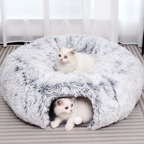 YUYAFN Plush Cat Tunnel with Cat Bed for Indoor Cats, Multifunctional Cat Donut Tunnel for Small Medium Large Cats Kitten Rabbit Puppies (Grey)