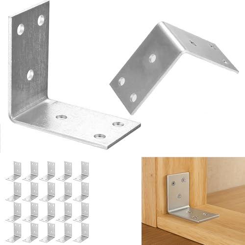 20 Pcs Metal Angle Brackets for Wood, Heavy Duty L Shaped Corner Braces for Wood Connectors, Right Angle L Brackets for Timber, Braces for Fixing Joining Furniture Shelves, 2x2x1.2 in
