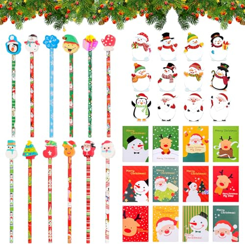 36 stycken skolpennor i set, jul HB blyertspennor med suddgummi, anteckningsbok och klisterlappar jul, mini anteckningsblock jul, blyertspennor skrivmaterialset, skolkontor familj festpåse (B)