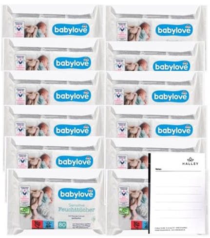 Babylove Feuchttücher sensitive 960 Tücher, Ohne Alkohol, Ohne Parfum, Vegan, pH-hautneutral (12x80St) + Halley Bedding Notizblock Set