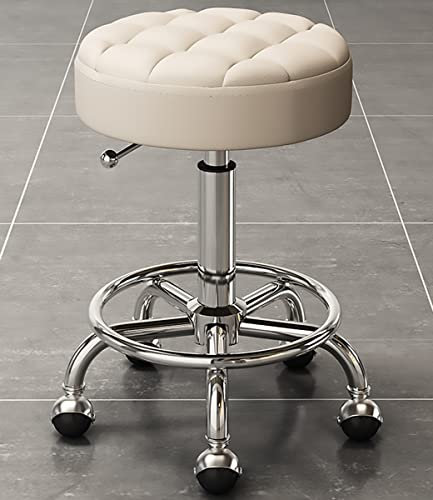 Höhenverstellbarer Drehhocker mit Rollen und Fußstütze für Salon, Friseur, Ästhetiker und Heimbüro, Weiß