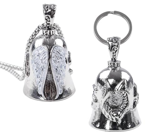 Henxing llavero Moto Campana Guardiana 2 Piezas Campana Guardiana Moto Bell,Aceite Campana Motocicleta Ángel Guarda con Anillo Colgante Amuleto Buena Suerte para Bicicletas Coches Vehículos
