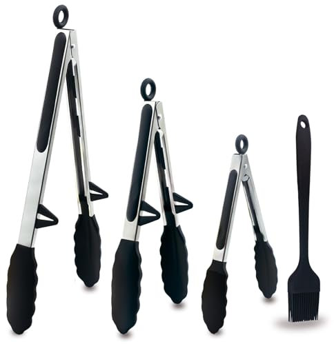 NVGVUP 4 Stück Küchenzange Schwarze, Zange Küche Klein mit Silikonbürste, Kochzange Hitzebeständiges, Grillzange Silikon mit Praktischen Ständer, Grillzange Edelstahl zum Kochen Grillen Buffet