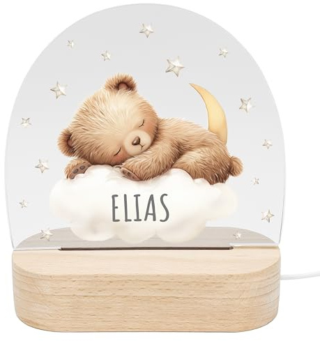 Nachtlicht Baby personalisiert als Nachttischlampe Geschenk zur Geburt | Personalisiert, Acrylglas mit Echtholzfuß, Nachttischlampe für Kinder, Babyzimmer Deko