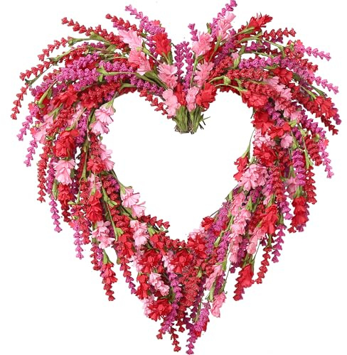 Sggvecsy 48,3 cm großer Herzkranz, künstlicher rosa und roter Lavendelkranz, Frühlingssommer, künstliche Blume, herzförmiger Kranz für Geschenke, Festivals, Haustür, Fenster, Wanddekoration