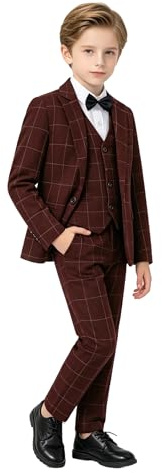 LOLANTA 5 Piece Boys Burgundy Suit Set, Red Checked Christmas Suit for Boys, Page Boy Wedding Prom Suit, Kids Formal Tuxedo Jacket Pants Vest Shirt Bow Tie(WineRed, 9-10 Years, 140)
