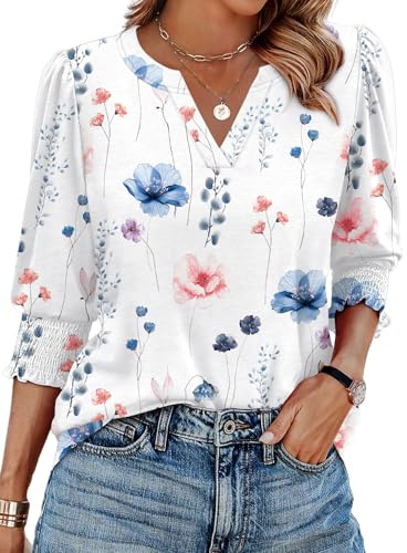 Aokosor Womens 3/4 Sleeve Tops Ladies Blouses V Neck T Shirts Puff Sleeve Tunic Smocked Cuff Curved Hem Office Wear
