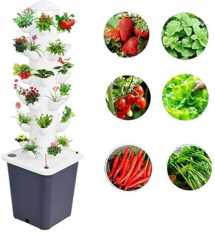 FVPJUXSG Sistema di coltivazione idroponica per interni con pompa e timer, kit da giardino a torre aeroponica per erbe, frutta, verdura, fioriera verticale intelligente con vasi a rete e adattatore