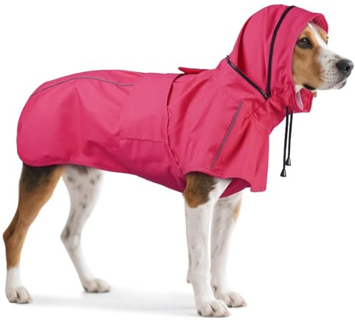 OUOBOB Hunde-Regenmantel für große Hunde mit Kapuze, wasserdichter Hundemantel mit reflektierenden Streifen, Loch für die Leine für Regen, Schnee, windiges Wetter und Spaziergänge im Freien, Camping