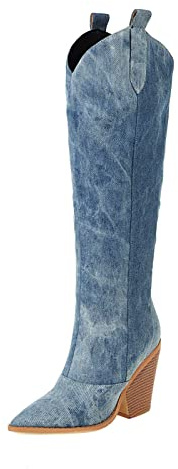 Stivali alti al ginocchio da donna in denim a punta stivaletti da cowboy pull on casual comodi eleganti grandi dimensioni tacco alto grosso stivali da cowgirl occidentali per donne all'aperto, Blu, 40