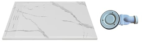 Vente-unique - Receveur de douche extra plat à poser ou à encastrer recoupable en résine SMC avec siphon - Blanc marbré - 120 x 90 cm - LYROSA