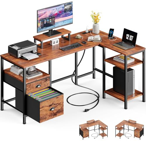 Furologee 50 Inch L Shaped Computer Desk with Power Outlet, Rustic Brown