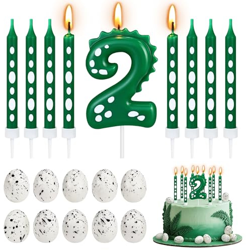 Geburtstagskerzen Zahlen, Dinosaurie Geburtstag Kerzen 2, 3D Tortendeko,1 Dinosaurier Zahlenkerze, 8 Lange Dünne Kerzen und 10 Dinosaurierei Tortendeko für Dino Thema Kuchendeko Party Deko