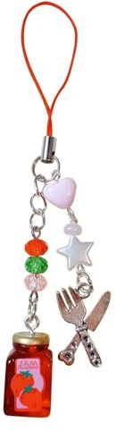 Porte-clés petite fourchette à dessert, jolie chaîne décorative, pendentif en perles fait à la main for étui de téléphone portable, porte-clés, sac, 2 pièces(Strawberry jam)