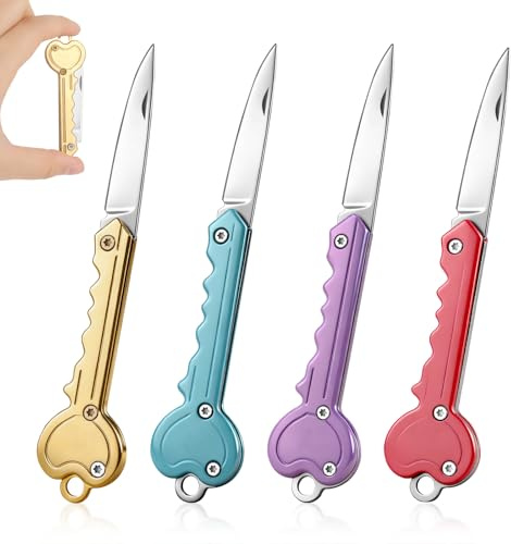 DONGFENGLION 4 Stück Mini Messer Schlüsselanhänger, Klappmesser Schlüssel In Schlüsselform, Tragbares Mini Taschenmesser für Outdoor, Camping, Paketöffner, Nützliche Gadgets
