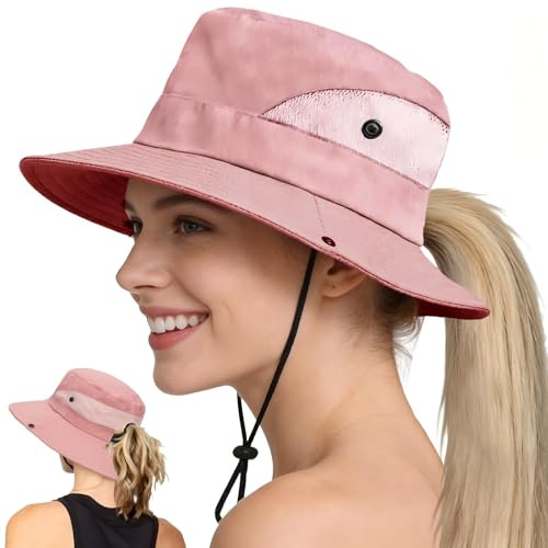 AUNGKWANG Chapeau Femme Soleil Outdoor Summer, Chapeau de Soleil pour Femme avec Trou pour Queue de Cheval, Chapeaus d'été étanche et Pliable avec Mentonnière Réglable, pour La Randonnée