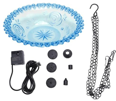 NUMNBE Fontana per Uccelli da Giardino, Ciotola Appesa in Plastica USB Alimentata, 23,5x45cm - Design Versatile, Alimentazione a Basso Consumo, Perfetta per Esterni e Terrazze (Blu)